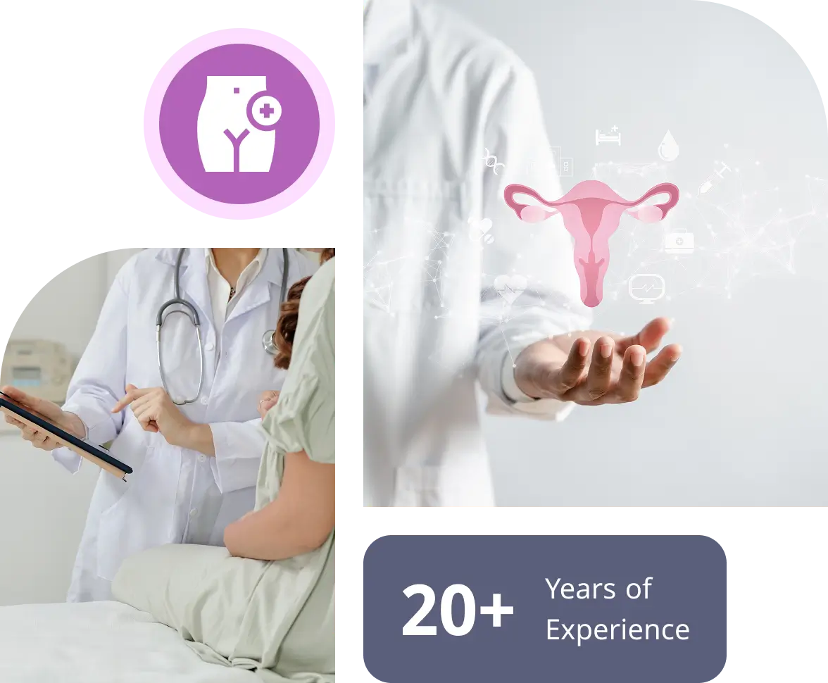 A doctor discusses with a patient as a digital uterus image floats over their hand, exemplifying comprehensive prenatal care. A badge with a uterus icon highlights "20+ Years of Experience.